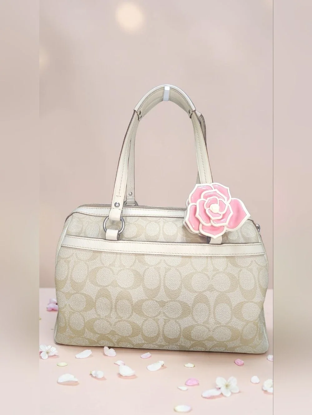 Coach Beige Signature Satchel with Pink and White Stripes